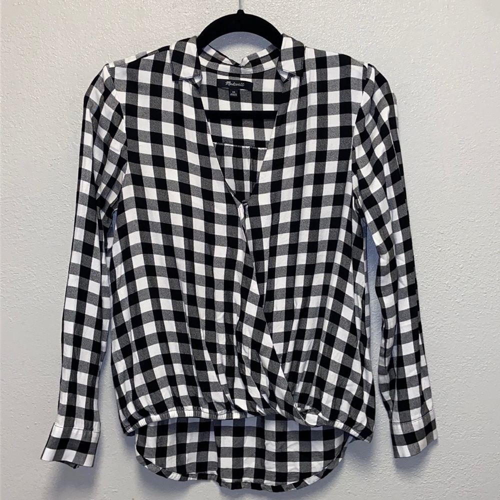 Madewell Size XS Black & White Buffalo Plaid Cuffed Long Sleeve Wrapped Top